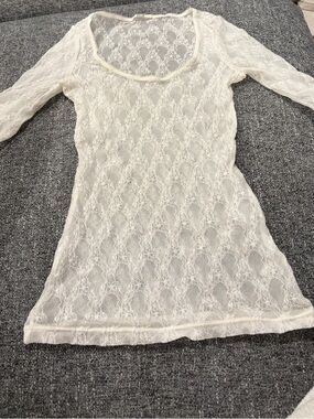 WOLFORD white sheer embroidered lace tee top size S